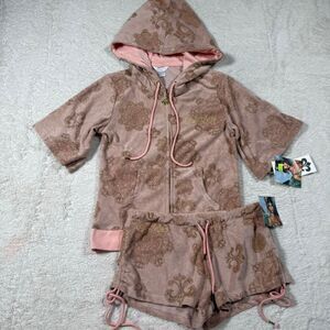 NWT Y2K Deréon Pink Terry Cloth Hoodie & Shorts 2 Piece Outfit Set